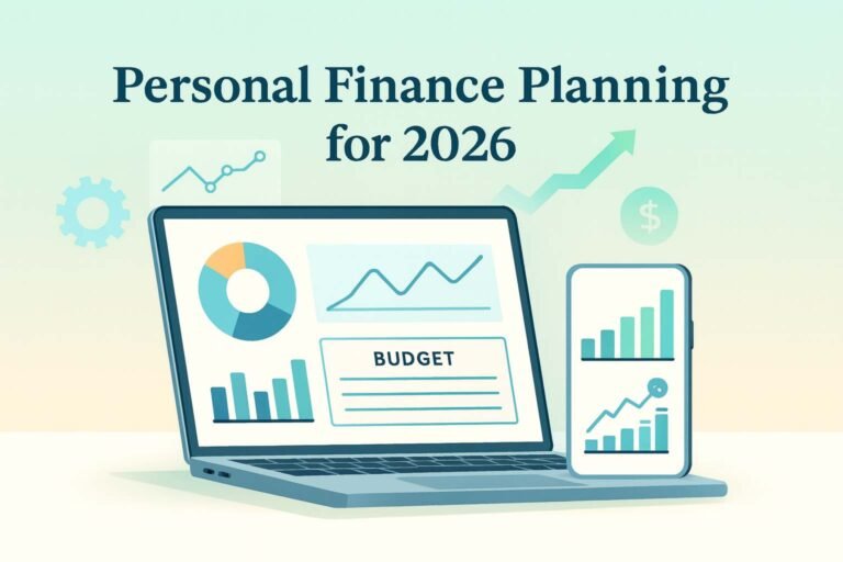 Illustration showing digital tools for personal finance planning in 2026, including charts, graphs, and budgeting visuals on a laptop and smartphone.