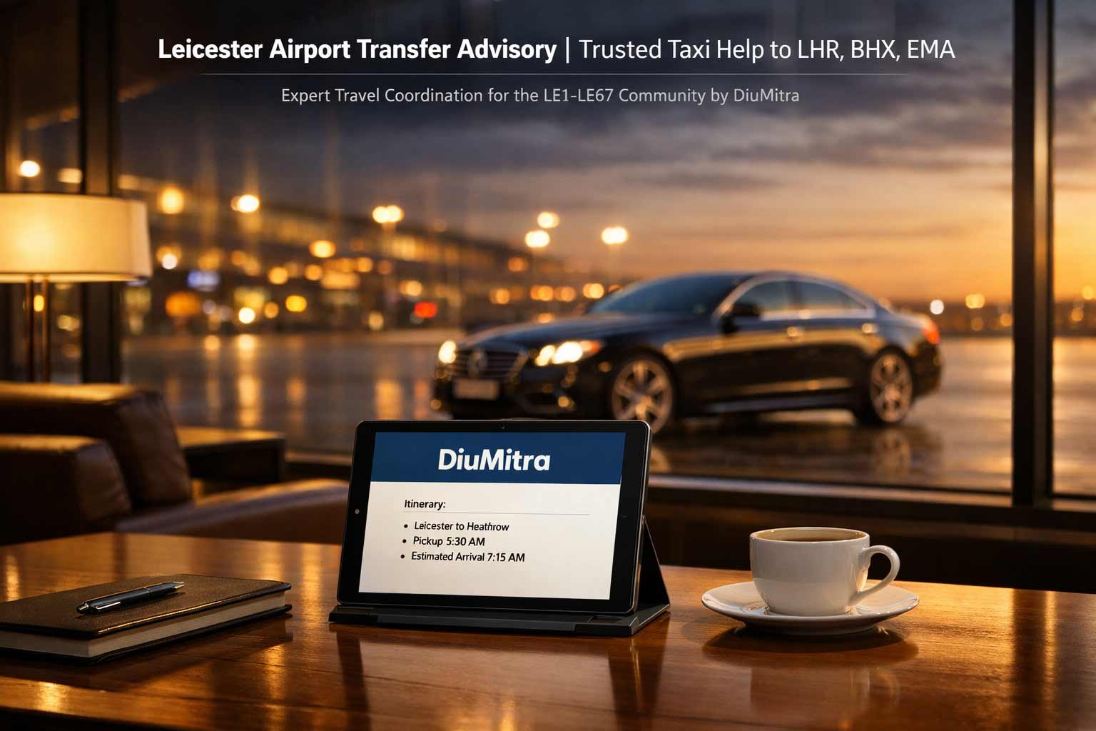 A professional 3D render of a DiuMitra travel itinerary on a tablet in a warm lounge, overlooking a premium airport transfer vehicle at sunset.