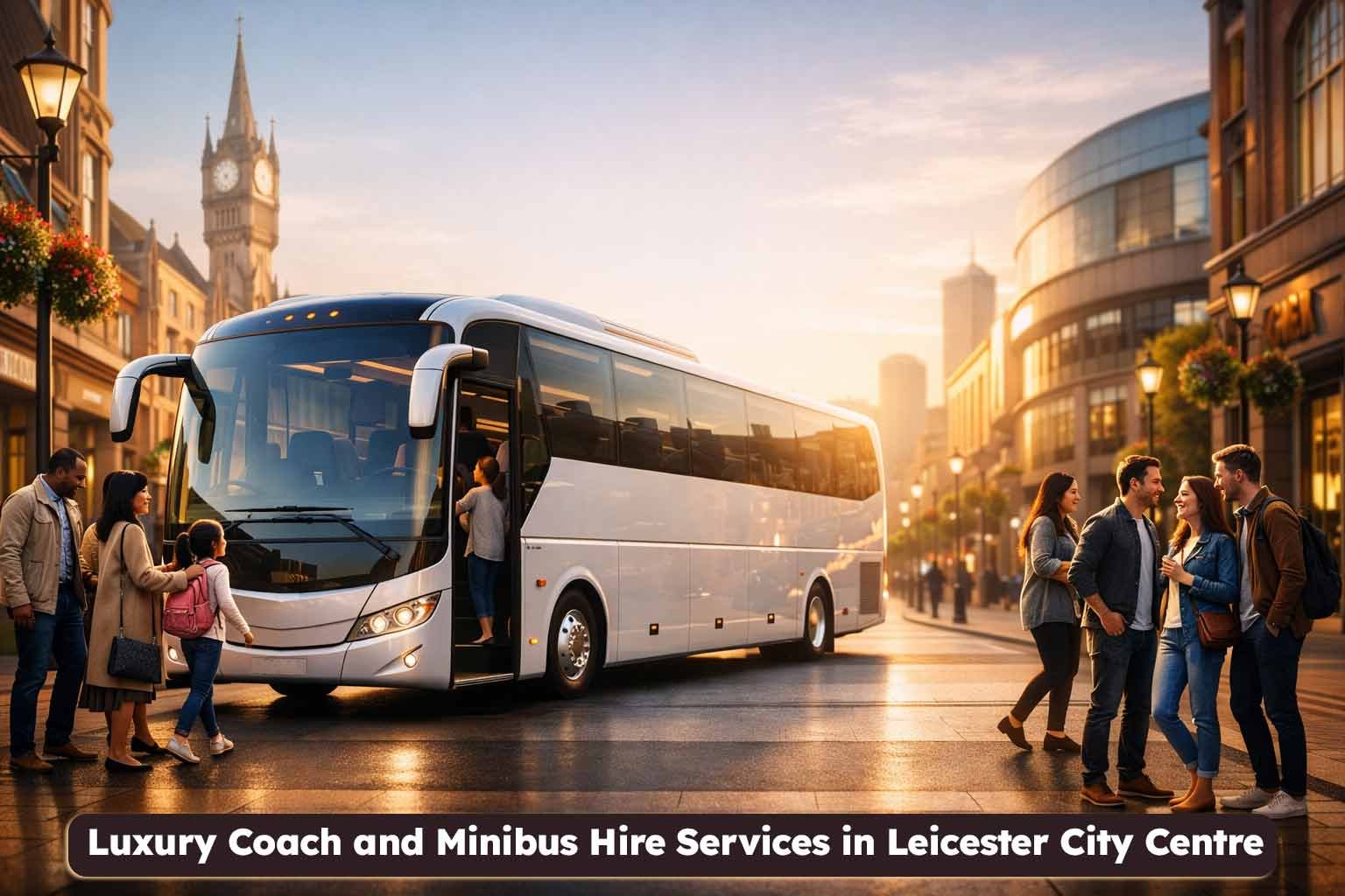 A group of people boarding a professional white luxury coach in Leicester city centre during sunset.