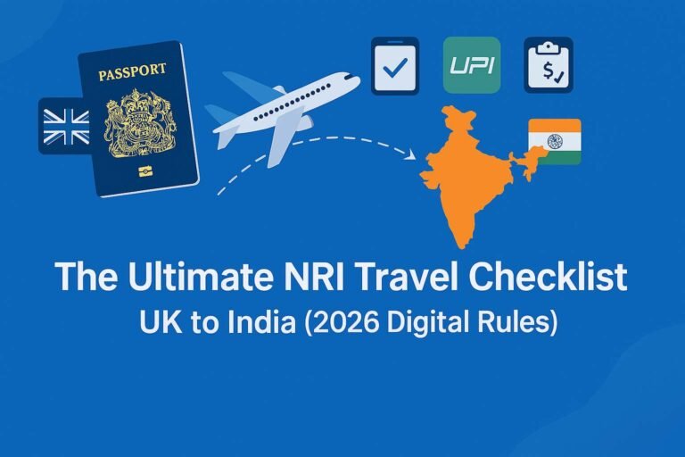 Infographic showing UK to India travel route with passport, airplane, UPI, customs, and OCI icons for NRI travelers in 2026