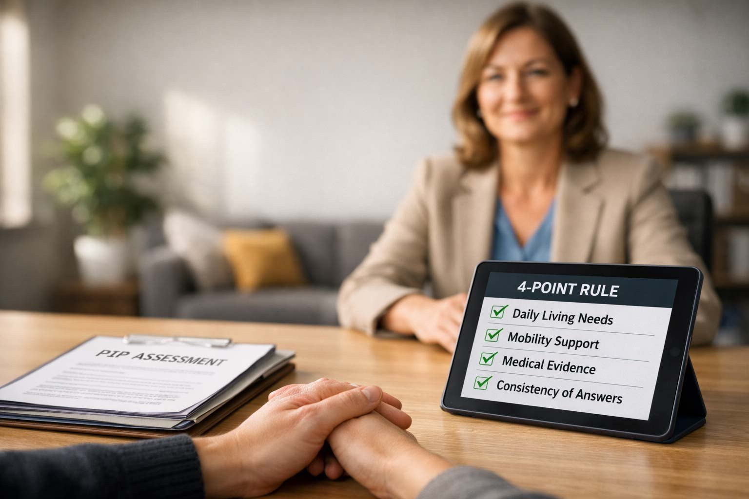 Supportive hands resting on PIP assessment documents and a "4-Point Rule" checklist on a tablet, with an empathetic advisor in a sunlit Leicester office.