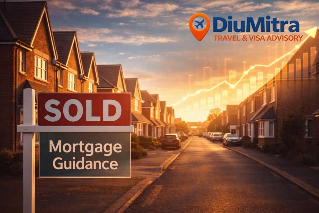 DiuMitra Mortgage Guidance: A modern UK residential street with a Sold sign and a digital growth graph overlay.