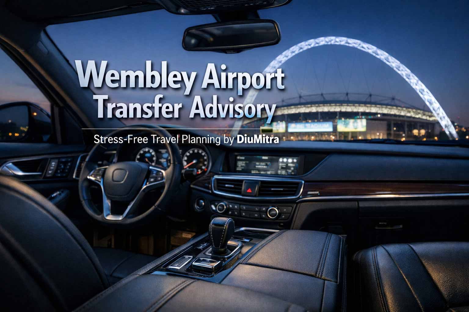 Professional luxury car interior overlooking Wembley Stadium for airport transfer advisory services in HA0 and HA9.