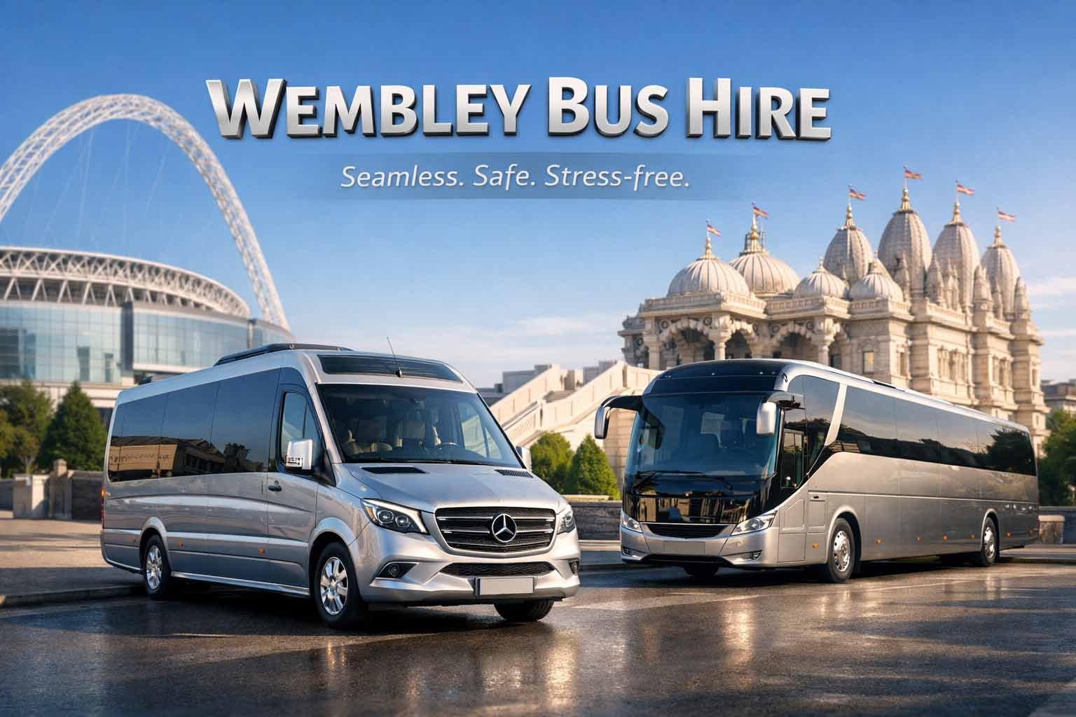 Silver Mercedes minibus and luxury coach parked in Wembley with Wembley Stadium arch and Neasden Temple in the background.