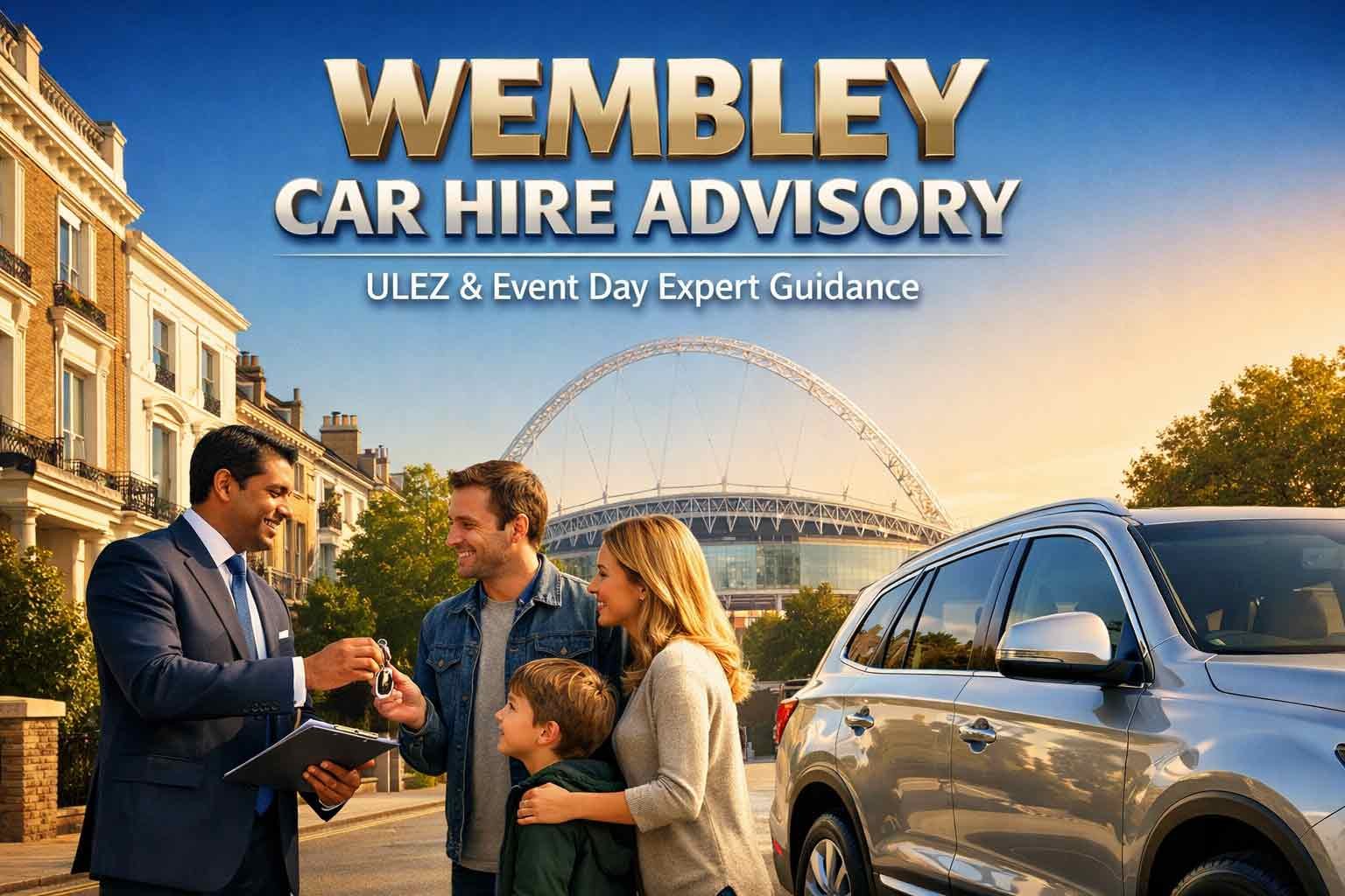 Professional car hire advisor assisting a family in Wembley with the Stadium arch in the background, featuring text 'Wembley Car Hire Advisory - ULEZ & Event Day Expert Guidance'.