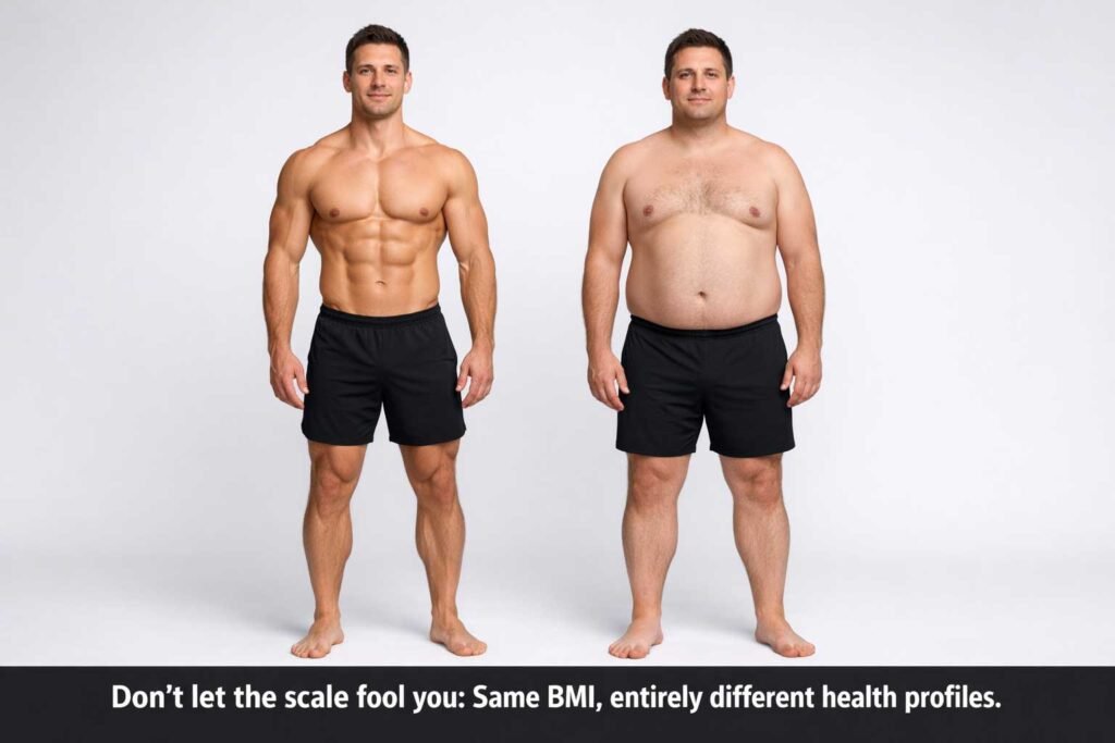 Side-by-side comparison of two individuals with the same BMI but different body fat and muscle mass percentages.