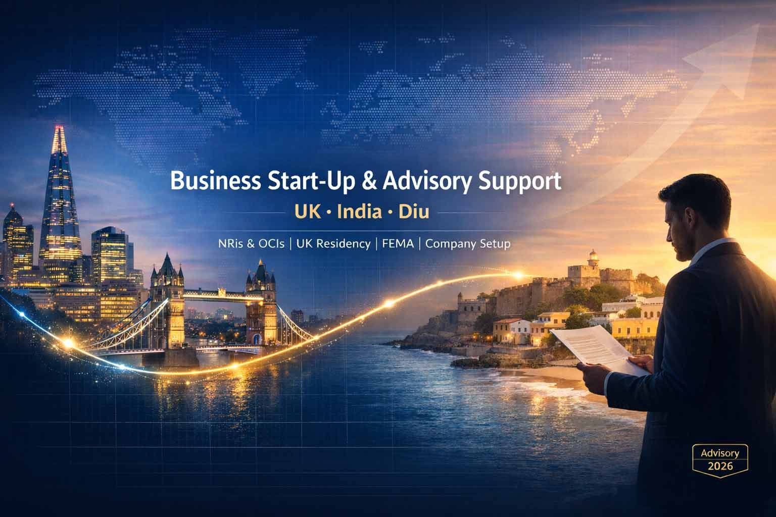 A professional advisor overlooking a digital bridge connecting the London skyline and the Diu coastline, representing business growth and NRI advisory.