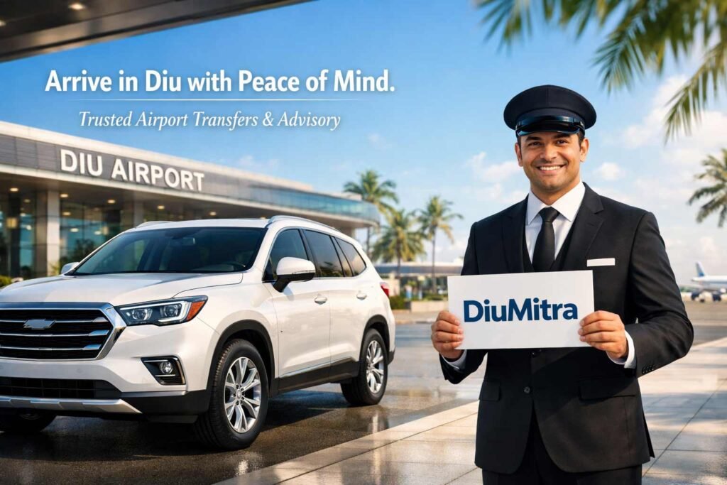 Professional chauffeur holding a DiuMitra welcome sign next to a white SUV at Diu Airport (DIU) entrance.