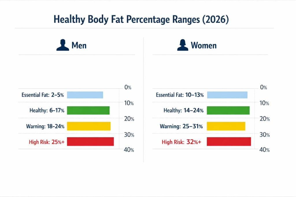 Color-coded 2026 body fat percentage chart for men and women showing healthy, fitness, and at-risk ranges.