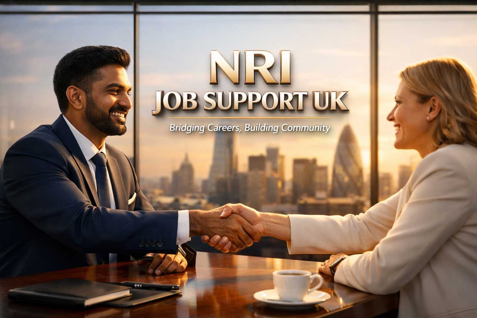 Two professionals shaking hands in a London office with the city skyline behind them, featuring text: NRI Job Support UK - Bridging Careers, Building Community.