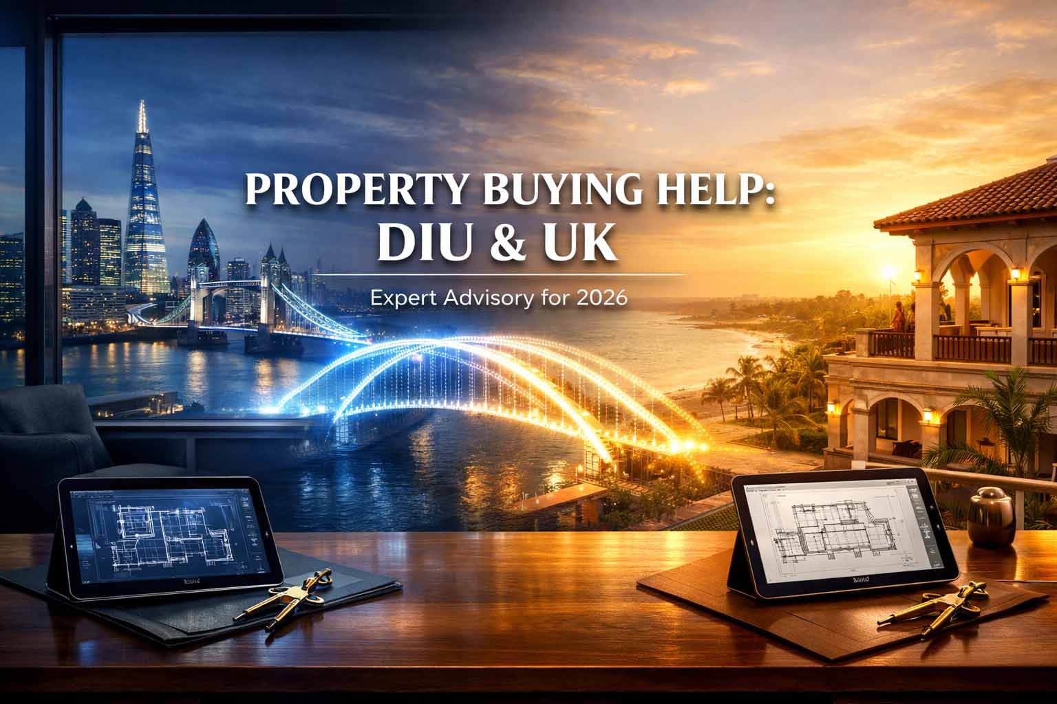 Cinematic 3D split-screen showing London's Shard and Tower Bridge alongside a heritage villa on the Diu coast, connected by a glowing digital bridge with property blueprints on tablets.