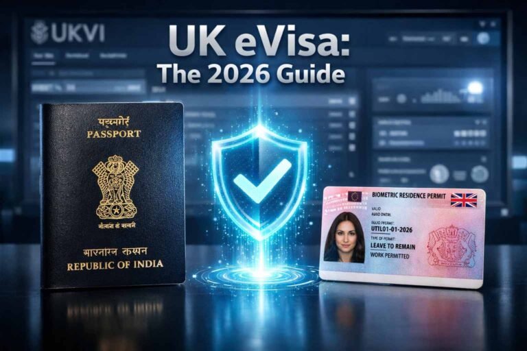 A professional 3D graphic showing an Indian passport and a UK Biometric Residence Permit (BRP) flanking a glowing digital shield, representing the UKVI eVisa transition for 2026.