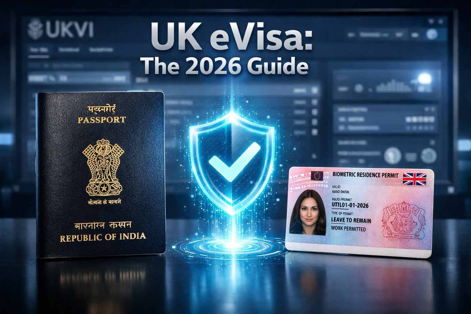 A professional 3D graphic showing an Indian passport and a UK Biometric Residence Permit (BRP) flanking a glowing digital shield, representing the UKVI eVisa transition for 2026.