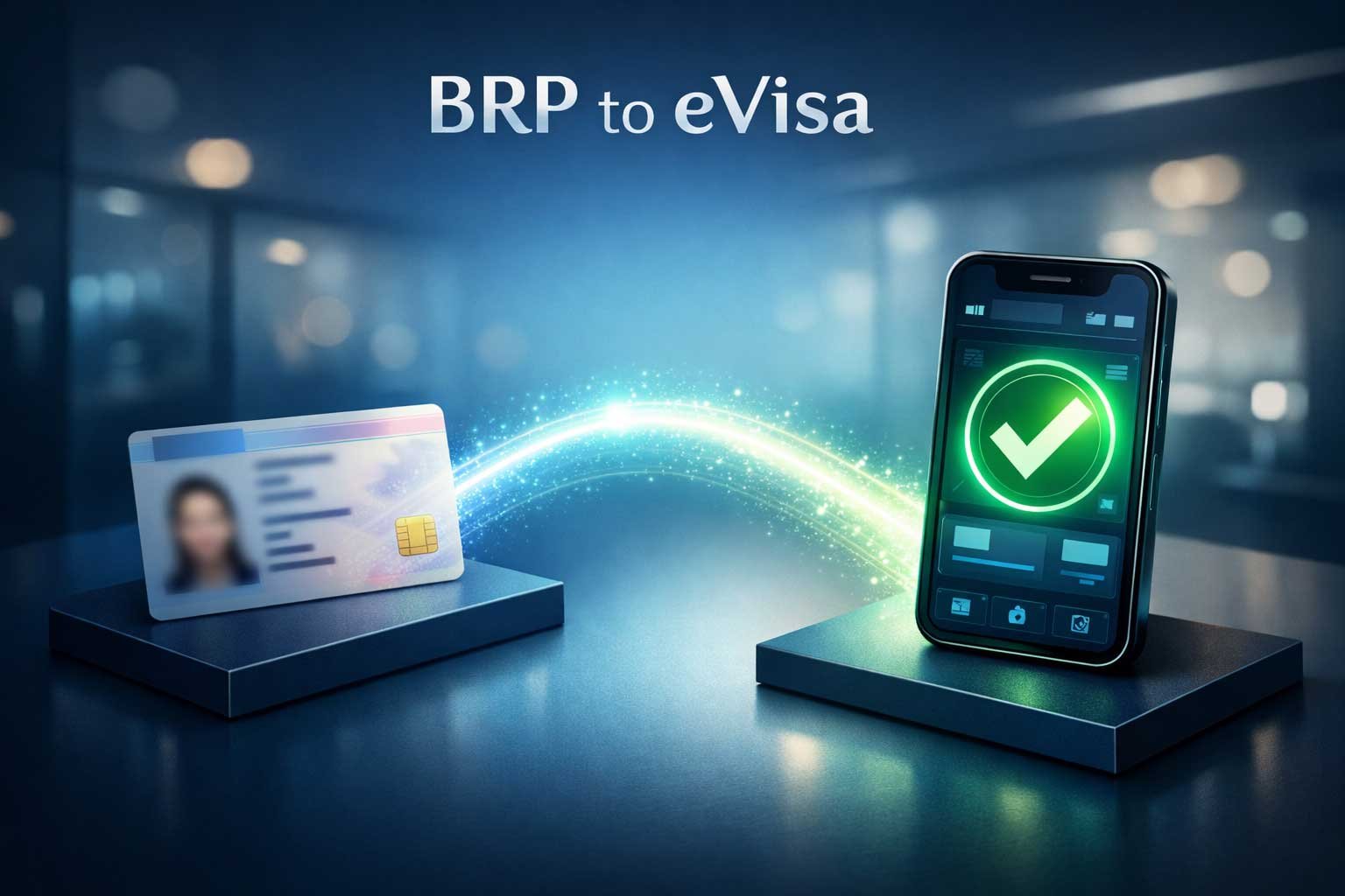 A digital illustration showing a transition from a physical BRP card to a verified digital eVisa on a smartphone screen, representing the BRP to eVisa transition process.