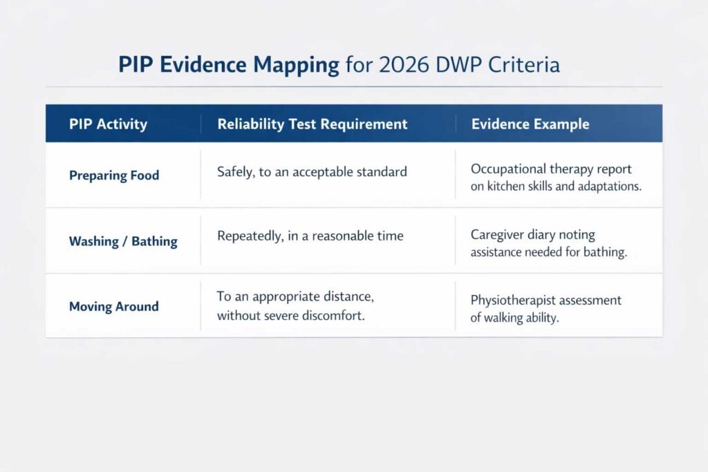 A table mapping common PIP activities like preparing food and mobility against DWP descriptor reliability test criteria.