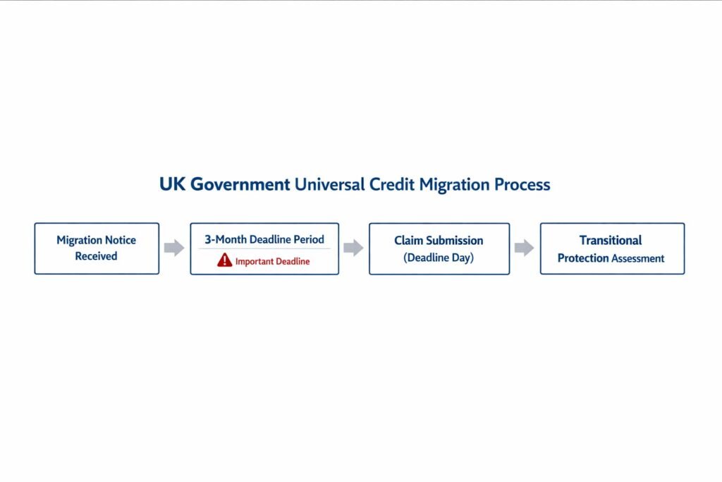 A timeline showing the 3-month migration notice period from receiving a DWP letter to the deadline day for submitting a Universal Credit claim.