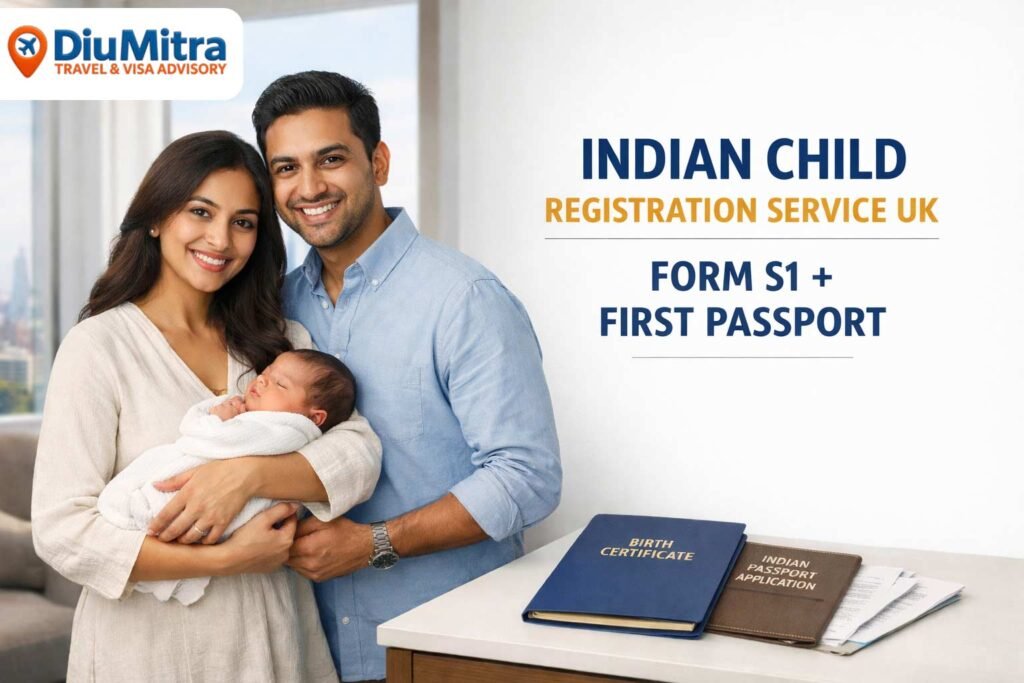 DiuMitra Indian childbirth registration service UK banner featuring a family with a newborn baby alongside a birth certificate and passport application document folder.