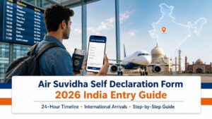 A traveler at an airport looking at the Air Suvidha 2.0 online health declaration form on his mobile phone before boarding an international flight to India.