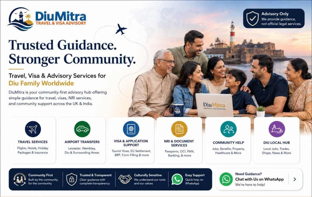 DiuMitra Travel and Visa Advisory banner showing community support for Diu families across the UK and India.