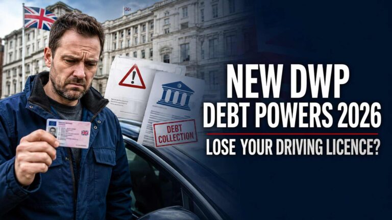 Worried UK driver holding a driving licence beside a car with government debt recovery notices and bank deduction warnings related to new DWP debt powers in 2026.