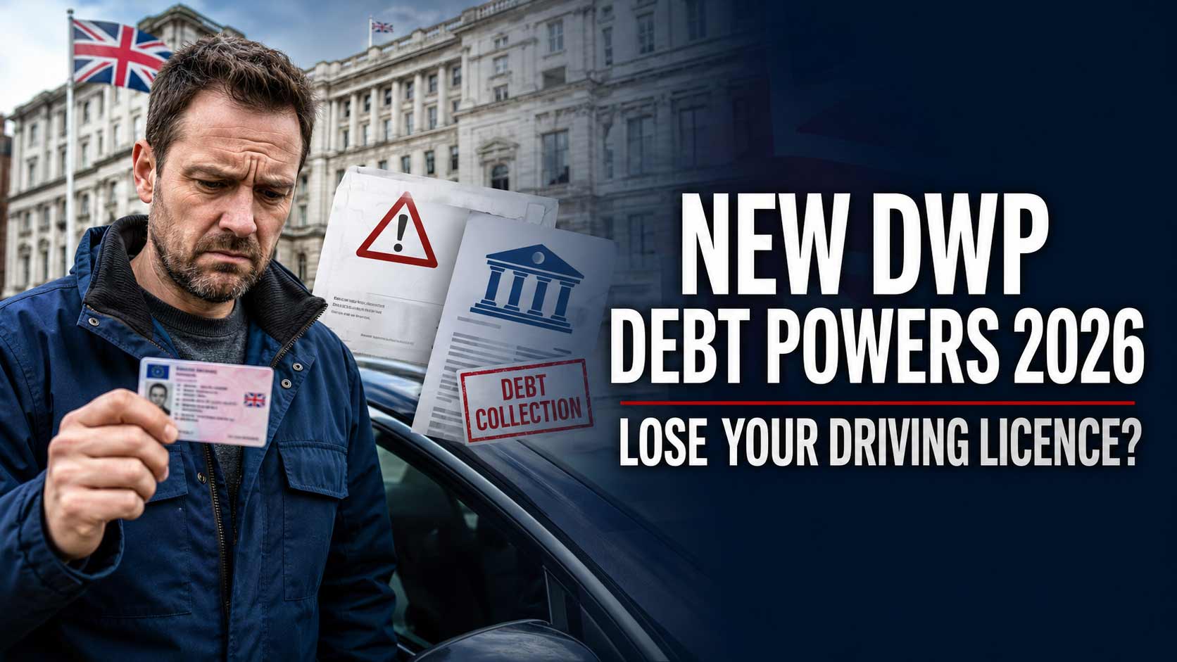 Worried UK driver holding a driving licence beside a car with government debt recovery notices and bank deduction warnings related to new DWP debt powers in 2026.