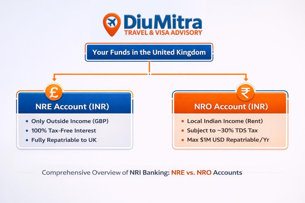 Structural flow diagram comparing NRE and NRO bank account routes for funds transferred from the UK to India under FEMA guidelines.
