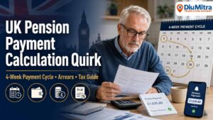 Retired person reviewing UK pension documents with a calendar showing the 4-week payment cycle, explaining pension payment calculations, arrears, and tax considerations.