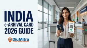 Traveler holding a passport and smartphone displaying an India e-Arrival Card QR code at an airport immigration checkpoint with the text India e-Arrival Card 2026 Guide.
