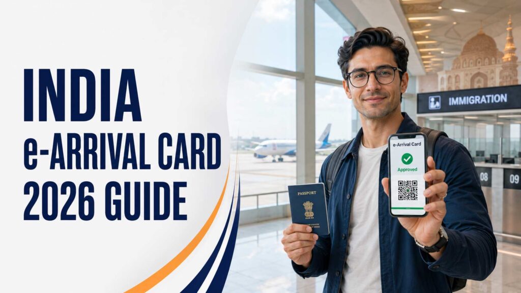 Traveler holding a passport and smartphone displaying an India e-Arrival Card QR code at an airport immigration checkpoint with the text India e-Arrival Card 2026 Guide.