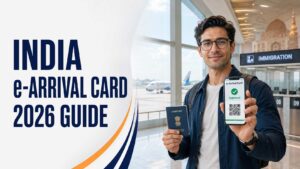 Traveler holding a passport and smartphone displaying an India e-Arrival Card QR code at an airport immigration checkpoint with the text India e-Arrival Card 2026 Guide.