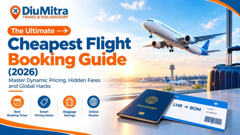 A traveler comparing cheap flight deals and dynamic airfare routes on the DiuMitra flight booking portal.