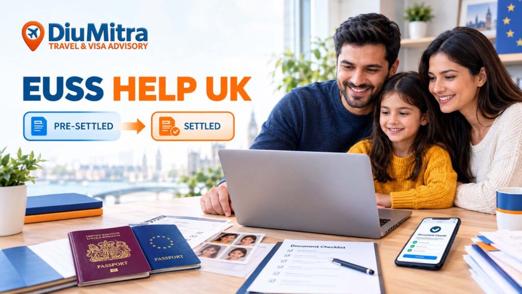 EU Settlement Scheme help UK showing a family completing an EUSS application and moving from Pre-Settled to Settled Status