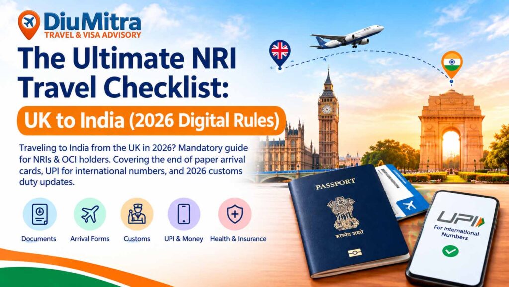 Infographic for UK to India 2026 NRI travel checklist featuring an Indian passport, flight path from London to Delhi, e-Arrival card, and UPI payment icons.