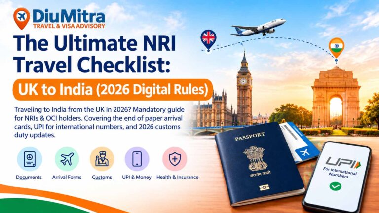 Infographic for UK to India 2026 NRI travel checklist featuring an Indian passport, flight path from London to Delhi, e-Arrival card, and UPI payment icons.