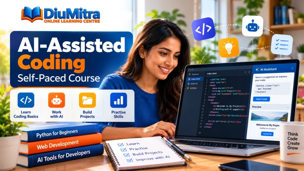 Learner using a code editor and AI assistant on a laptop to practise AI-assisted coding.