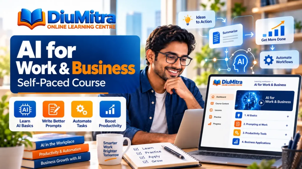 Adult learner exploring AI writing, task automation and business productivity tools on a laptop.