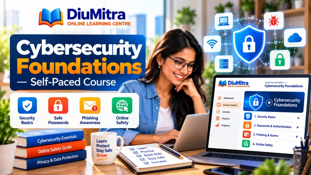 Learner studying password security, phishing awareness and safe browsing through online lessons.