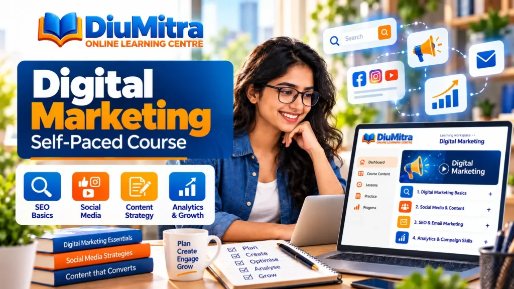 Learner exploring SEO, social media, content planning and marketing analytics on a laptop.