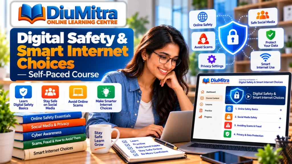 Learner exploring online privacy, scam awareness and smart internet habits on a laptop.