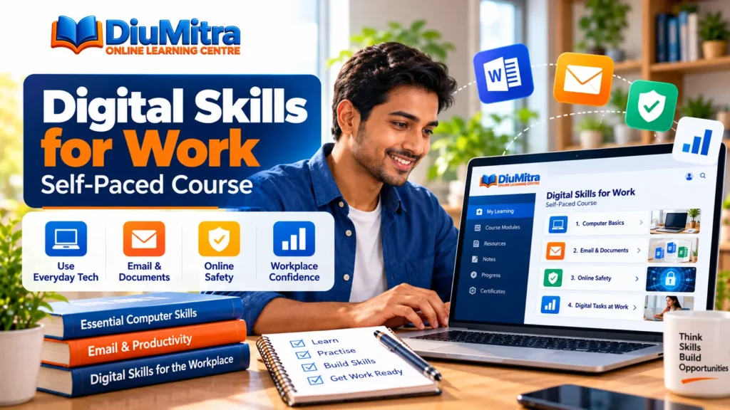 Learner using a laptop to practise workplace digital skills, email, documents and online safety.