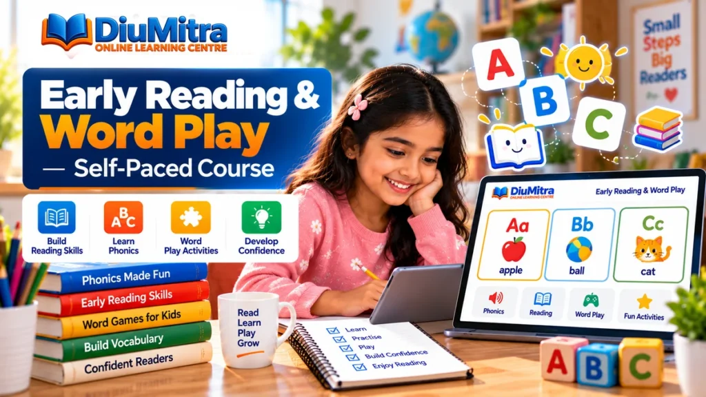 Child exploring phonics, alphabet cards and early reading activities through online learning.