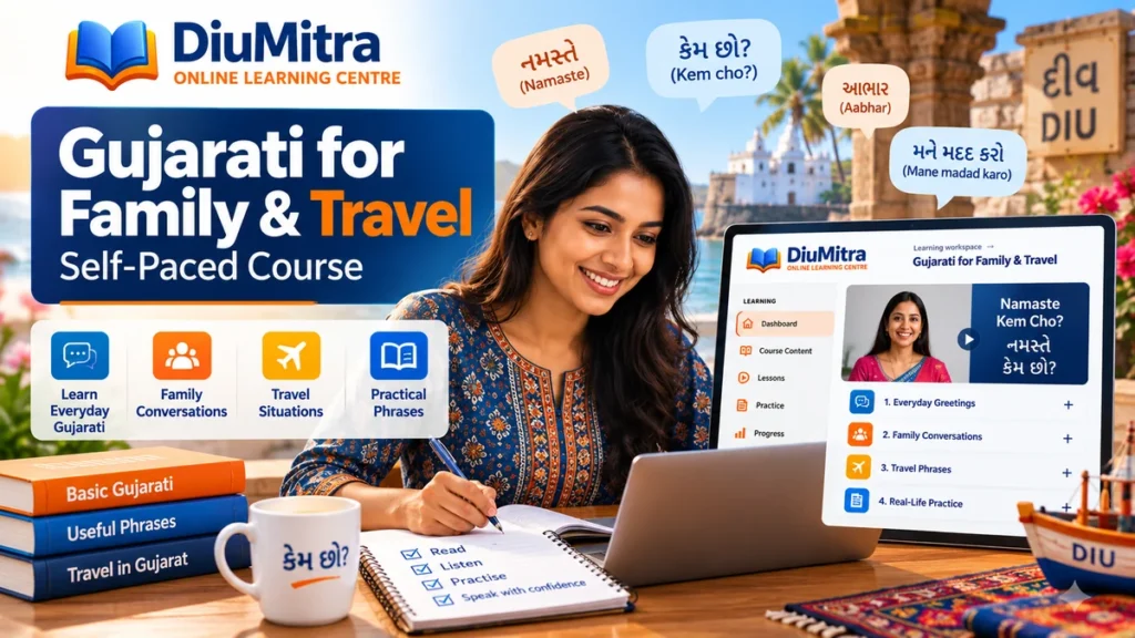 Learner practising Gujarati greetings and family and travel phrases beside a laptop with Diu scenery.