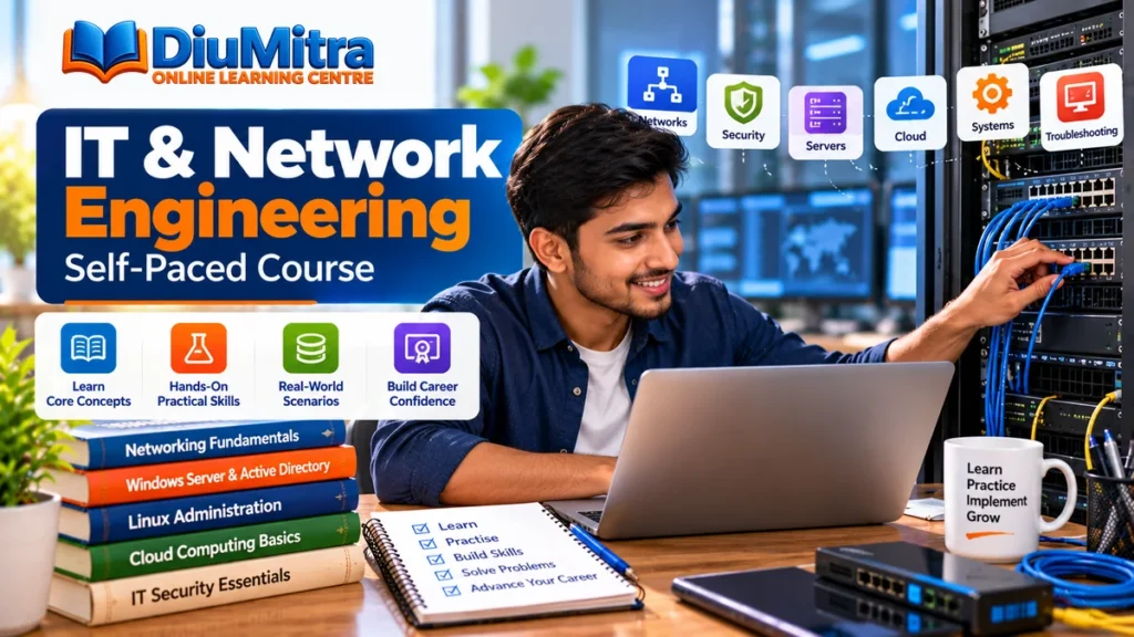 Learner connecting Ethernet cables in a server rack while studying IT and network engineering.