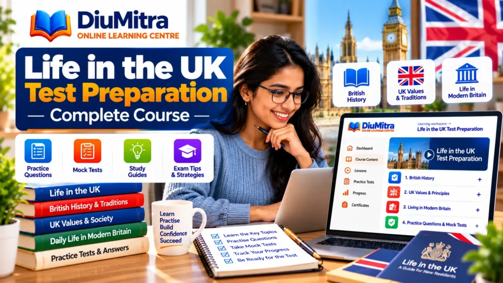 Learner preparing for the Life in the UK Test with British history books and online revision lessons.
