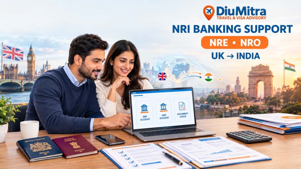 British-Indian couple using laptop for UK to India NRI banking support, viewing NRE and NRO account document checks alongside British and Indian passports.
