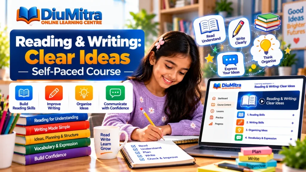 Child practising reading, writing and organising ideas with books and a laptop learning dashboard.