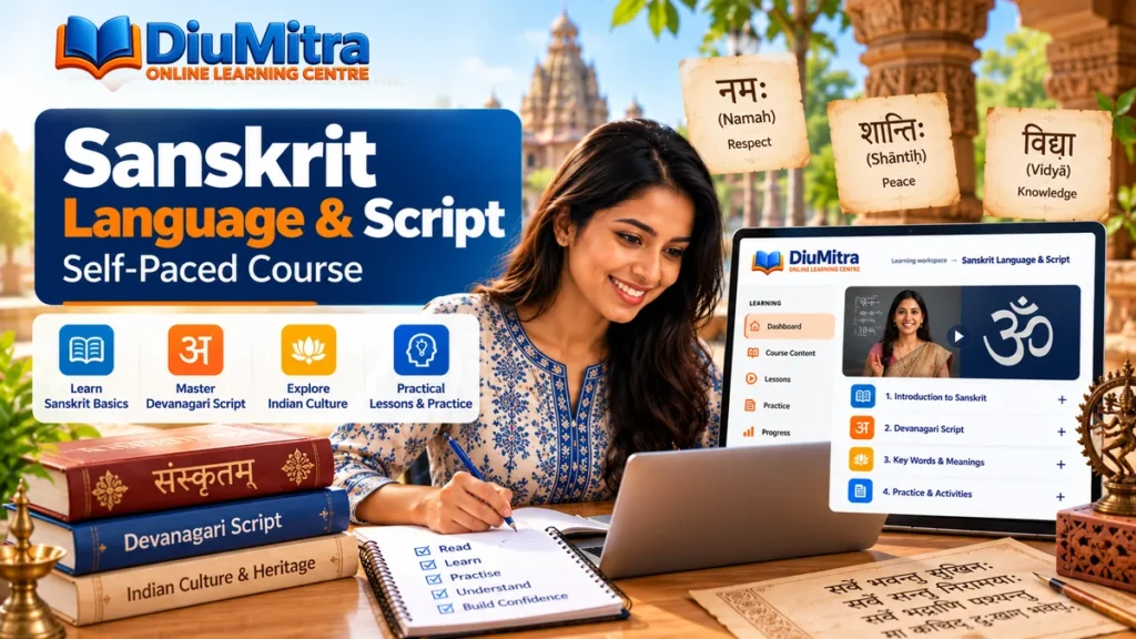 Learner studying Sanskrit words and Devanagari script using a laptop and language books.