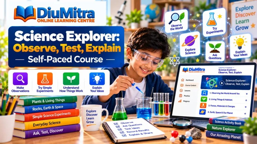 Child wearing safety goggles observing a simple science experiment beside books and a laptop.