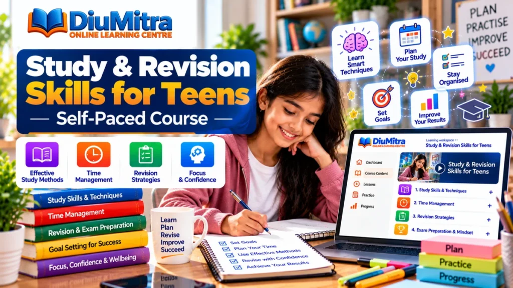 Teen learner planning revision with study notes, a laptop, study timetable and checklist icons.