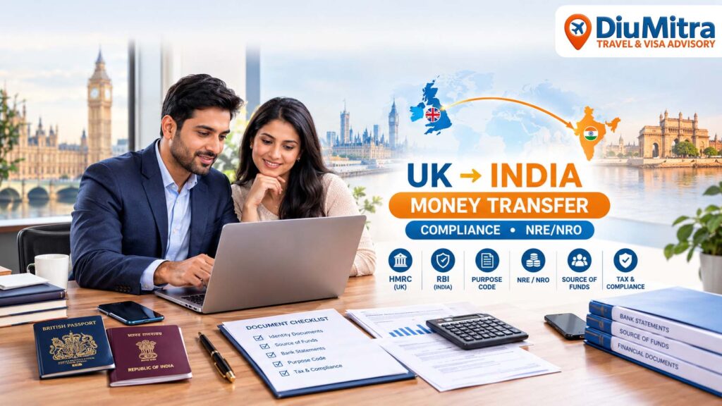 A British-Indian couple reviewing UK-to-India money transfer compliance documents, British and Indian passports, HMRC and RBI source of funds checklists, and NRE/NRO banking guidelines.
